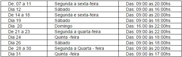 Tabela divulgada pelo Sicomércio.
