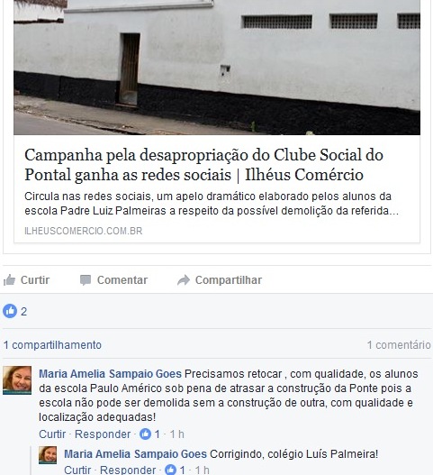 Promotora comenta matéria do Ilhéus Comércio compartilhada no Facebook.