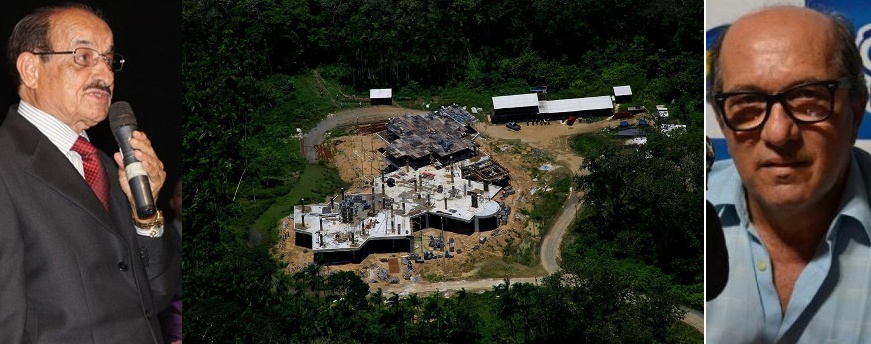 Fernando Gomes e José Nazal. Entre eles, a obra da UFSB no terreno doado pela Ceplac, em Ilhéus. A imagem aérea é de José Nazal.
